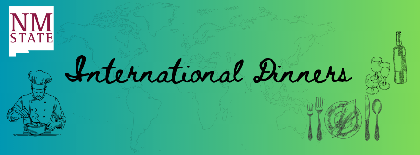 Blue and teal background with NM state logo and International Dinners with chef outline and dining setting drawing